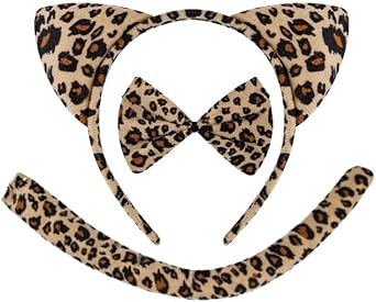3PCS Leopard Costume Set Cheetah Ears Headband and Tails and Bow Tie Sets Birthday Dress Up for Adults Cosplay Party Halloween Hair Accessories Decorations Gifts