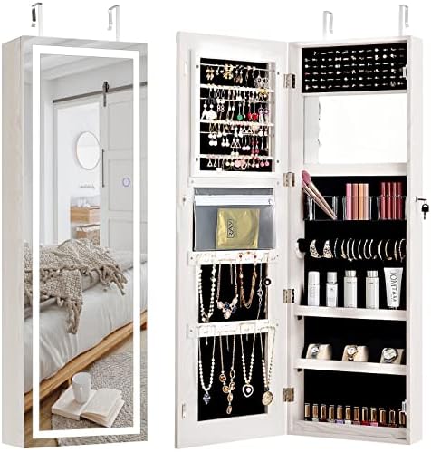 CHARMAID Jewelry Cabinet with LED Touch Screen Mirror, 47.5'' Wall/Door Mounted Jewelry Armoire with Full Length Mirror, Large Storage, Lockable Jewelry Organizer Armoire (Grayish White)