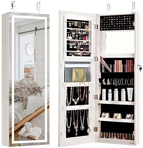 Charmaid Jewelry Cabinet With Led Touch Screen Mirror, 47.5'' Wall/Door Mounted Jewelry Armoire With Full Length Mirror, Large Storage, Lockable Jewelry Organizer Armoire (Grayish White) #TOP6