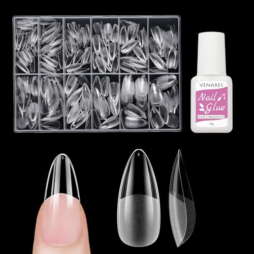 Uñas Postizas Almendra, Venares 500 Piezas Tips Uñas Acrilicas Postizas 12 Tamaños Tips Uñas Postizas Gel, Kit Uñas Postizas y Pegamento de Uñas para Niñas Salones Uñas, Manicuras DIY