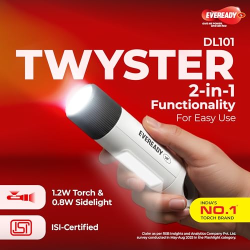 Image of Eveready DL110 Twyster, Rechargeable Emergency 1.2W Flashlight Cum 0.8W Sidelight, Variable Focus & Fidget Loop Grip, USB Type-C Fast Charging, Durable ABS Body, Powered Li-on Battery