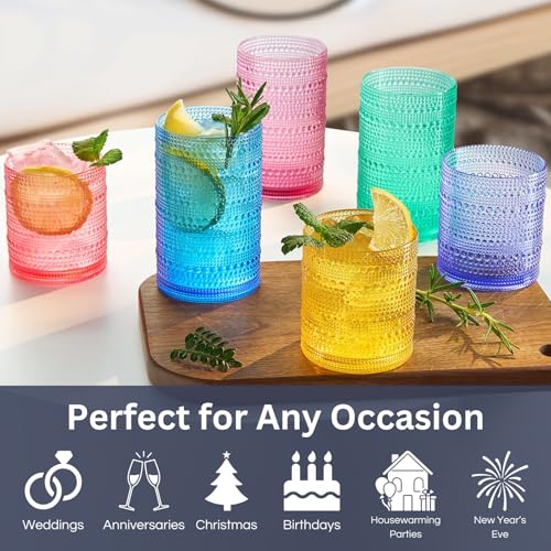 Khen Plastic Hobnail Drinking Glasses Set of 12 Bright Tones Cups 6x 10oz Lowball & 6x 1oz Highball Acrylic Beaded Design, BPA-Free, Dishwasher Safe Indoor/Outdoor Drinkware Water, Juice, Cocktails by Khen - Image 2