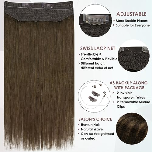 Full Shine Wire Hair Extensions Real Human Hair 50 Grams Brown Invisible Hair Extension With Wire Chocolate Brown Clip In Extensions With Transparent Fish Line One Piece Hair 10 Inch #TOP1