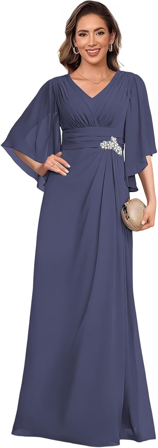 Chiffon V Neck Mother of Brides Dress Pleated Half Sleeves Beads Empire Waist Formal Evening Gowns