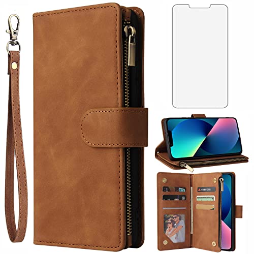 Accessoires iPhone 13 Mini 5G étui portefeuille verre trempé marron