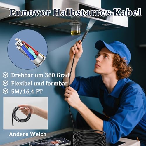 Ennovor Endoskopkamera mit Licht, 1920P HD-Inspektionskamera, Kanalkamera 7,9-mm-mit 8 LED Licht, wasserdichte IP67-Rohrkamera, kein WLAN, für Android & iOS, für Autos | Rohre | Maschinen (5 M)