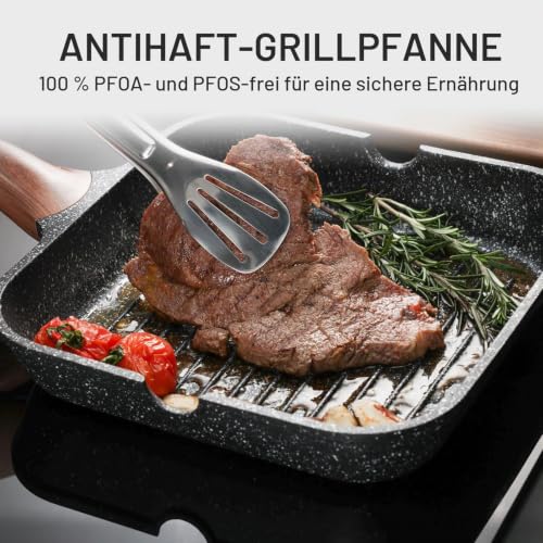 Foto von Kordisen Grillpfanne Induktion 28 cm mit Deckel – Grillpfanne mit Ausguss & Steakpfanne quadratisch, Granit Antihaftbeschichtung, für alle Herdarten, PFOA-frei