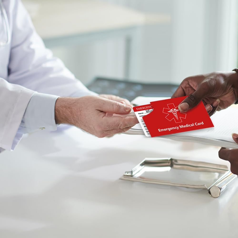 100 Pack Emergency ID Cards with Protective Sleeves Wallet Size Emergency Contact Cards Personal Information Cards for Caretakers and Family (Red)