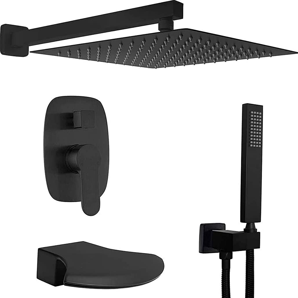 OZBMA Shower Set System, Wall Mounted Matte Black 10-12Inch with Handheld Head and Waterfall Bathtub Faucet Spout, Set,10 Inch