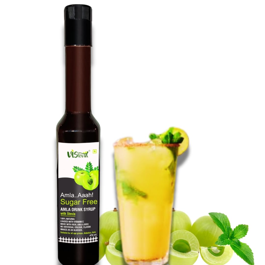 VIStevia Sugar Free Amla Drink Syrup, Diabetic & Keto Friendly - Naturally Sweetened With Stevia - Delicious to Taste, 1 Bottle (470ML)