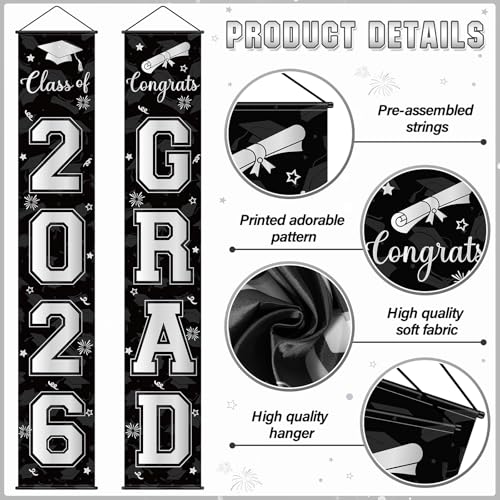 Image of Graduation Party Decorations Class 2026, Graduation Decorations with Congrats Grad Banner Fringe Foil Curtain Paper Flower Ball Balloons for High School College Graduation Party Supplies, Black Silver