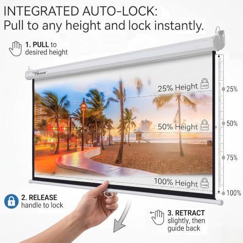 Image of TONZO 100 Inch Projector Screen 16:9 Aspect Ratio Autolock /Instalock Projector Screen White Fabric Matte Manual Projection Screen for Classroom, Home Theater or Office (5 Ft Height x 7 Ft Width)