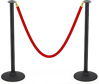 BATTIFE Plastic Stanchion Posts with Red Velvet Ropes and Weighted Rubber-Plastic Base, Crowd Control and Queue Management Barrier Poles for Party, Event, Red Carpet (2 Pack)