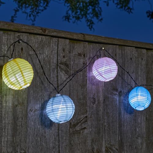 Solar Powered Chinese Style Lantern String Lights – Weatherproof Colourful Outdoor Garden Orb Shaped Festoon LED Fairy Lighting for Wall, Fence, Gazebo, Pergola, Parties – Total Length 4.7m