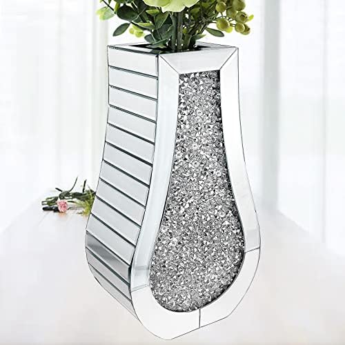 Crushed Diamond Mirror Vase for Home Decor Luxury Crystal Silver Glass Vase Large Clear Mirrored Flower Vase for Home Decoration Can Not Hold Water (Diamond Silver)