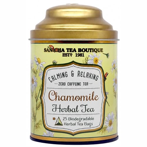 Image of Sancha Tea Boutique Chamomile Herbal Infusion | 25 Pyramid Tea Bags | 100% Caffeine-Free | Single-Origin India | Bedtime & Relaxation Tea | No Artificial Flavours | Elegant Tin Caddy