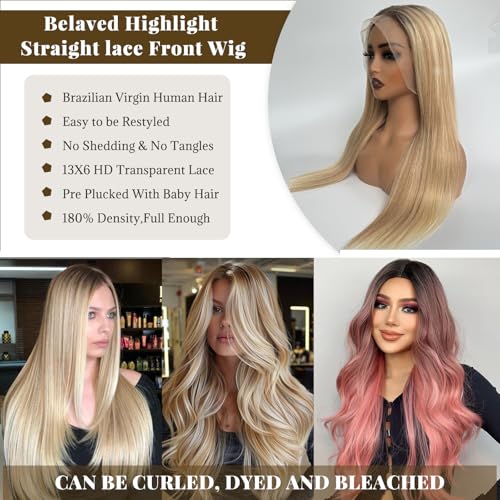 Image of Belaved Highlight Ombre Lace Front Wigs Human Hair, 13x6 Long Straight #4 /12 /613 Balayage Blonde with Brown Wigs Human Hair, 180% Density 30 Inch HD Lace Front Wigs Pre Plucked With Baby Hair