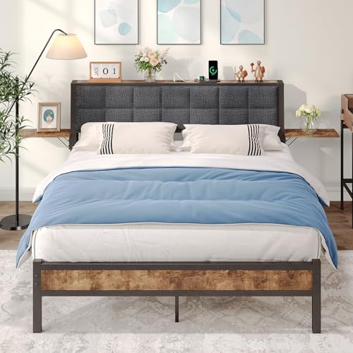 JUISSANO King Size Bed Frame with Storage Headboard,Kingsize Bed Frame Upholstered with Charge Station & Ergonomic Headboard,Removable Bedside Shelf,Easy Assemly,Heavy Duty Metal Slats,Black + Grey