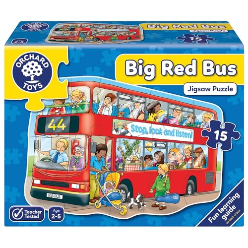 Orchard Toys Big Red Bus Jigsaw, 15-Piece Jigsaw, Includes Learning Guide On Back Of Box, Chunky Pieces For Little Hands For Ages 2-5