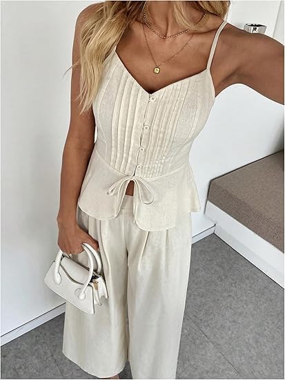 Women's 2 Piece Summer Outfit Button Down Peplum Cami Top and Wide Leg Pants Set - Image 4