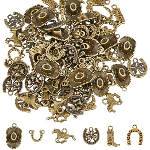 SUPERFINDINGS 96 piezas 6 estilos de vaquero colgante con motivo occidental bronce antiguo sombrero de bota colgante de aleación tibetana sombrero de caballo colgante para la fabricación de joyas DIY