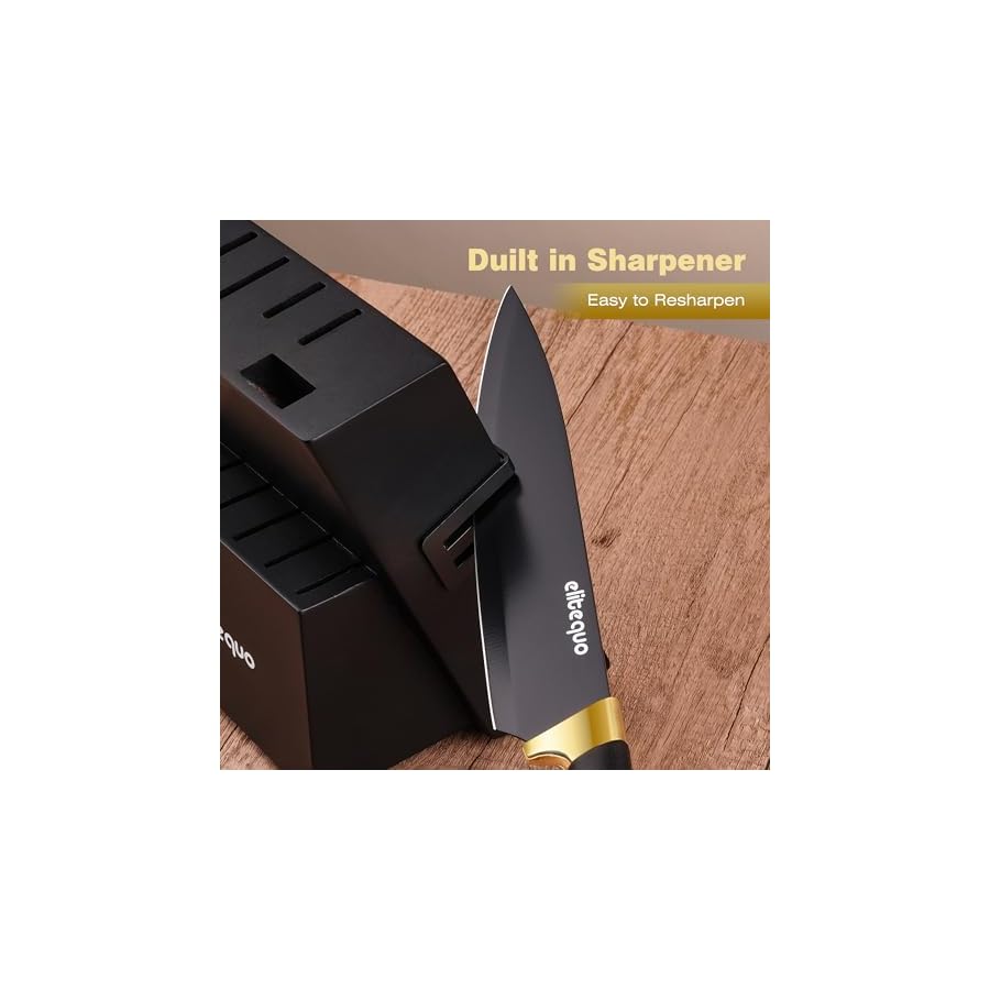 Knife Set With Block,Dishwasher Safe Kitchen Knife Set With Built-In Sharpener,German Stainless Steel Black Knife Block Set(Night Flash Series)