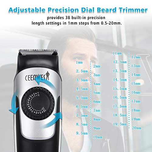 Ceenwes Beard Trimmer & Beard Trimmer for Men Hair Clipper 2 Combs Cleaning Brush Power Adapter Oli Bottle Length Settings with Precision Dial USB Charging