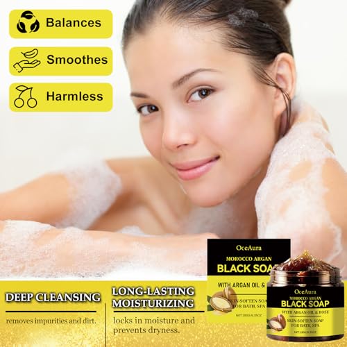 Marokko Exfoliate Schwarze Seife mit Peeling-Handschuhe,Schwarze Seife mit Argan und Rose,Marokko Körperpeeling,Bio Morocco Black Soap,Feuchtigkeitsspendende seife Schwarz für Weiche Haut