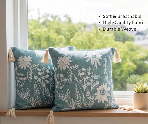 Image of Furnistitchs Handmade Cotton Bohemian Home Decor Cushion Cover 24x24 inches / 60x60 cms - Boho Chic Couch Sofa Throw Living Room Bedroom Cushions (1, Green Florets)