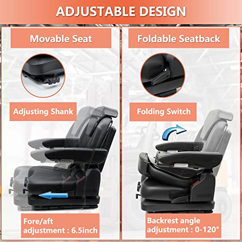 Image of Tractor Suspension Seat, Fold Down Forklift seat with Adjustable Angle Back, Micro Switch, Seatbelt and Armrests, Highback Low Suspension Heavy Duty for Tractor Mower Excavator Harvester