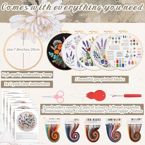 Image of Yinder 5 Set Starter Embroidery Kit for Beginners Boho Cross Stitch with Patterns Embroidery Hoops Instructions Floss Punch Needlepoint Kits Crafts DIY Adult Beginner Cross Stitch (Flowers)