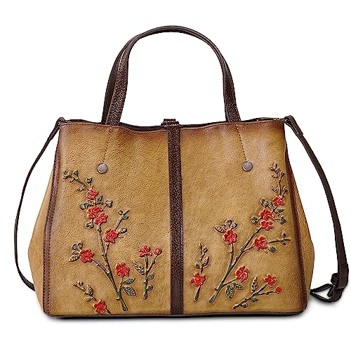 SHARPAD Genuine Leather Satchel for Women Top Handle Bags Handmade Purse Vintage Embossed Leather Crossbody Handbags Hobo Bag (Yellow-2)