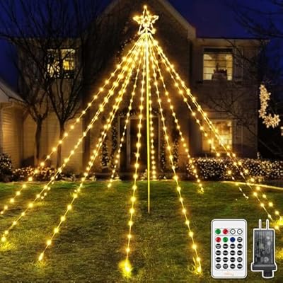Ollny Christmas Lights Tree 340LED with Topper Star, IP67 Waterproof Remote Control Waterfall Lights with Pole, 8 Modes 3 Timers Dimmable Christmas Decorations for Outdoor Yard Garden Lawn(Warm White)