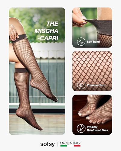 Image of sofsy Italian-Made Soft Fishnet Stockings for Women | 10-Year Hosiery Craftsmanship, Soft Dual Silicone Lace Top, Thigh Highs, Small Grid, Dig-Free, Stretchy