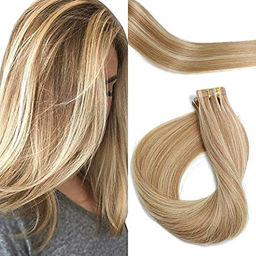Jinyun Tape in Hair Extensions Human Hair Golden Brown with Blonde Highlighted Balayage Hair Extension 50g 24 Inch #12/613 Glue in Tape on Extensions Silky Straight Skin Weft 20pcs (24inches, 12/613)