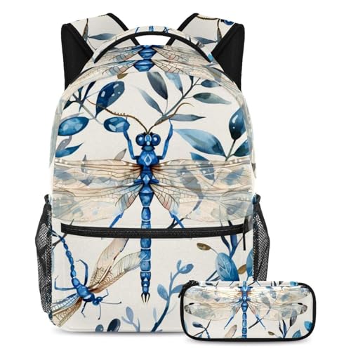 Ensemble sac à dos libellule bleue grande capacité 2 pièces avec trousse scolaire