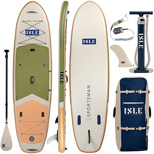 ISLE Sportsman Inflatable Stand Up Paddle Board, Incl. Coil Leash, Nylon Touring Center Fin, Backpack, Hand Pump, Paddle - Fishing SUP - 11.6 x 36 x 6 in, 350 lbs - California Design - Moss/Sun