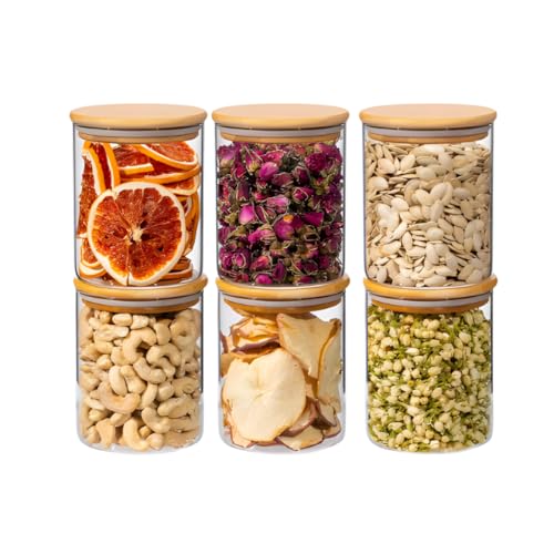 Kit 06 Potes de Vidro Hermético, Porta Codimento, Mantimento, 250ml, Tampa Bambu Com Vedação, Temperos, Especiarias