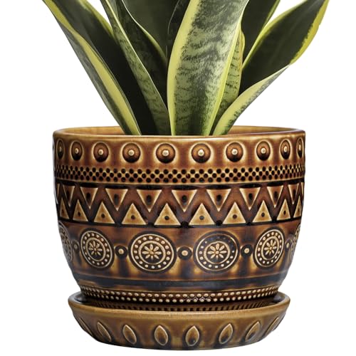 G EPGardening Ceramic Pot for Plants 5.5 Inch - Ceramic Plant Pot with Drainage Hole and Saucer, Boho Round Planter for Indoor Outdoor Plants, Plant Lover Gifts, Office Garden House Decor, Brown