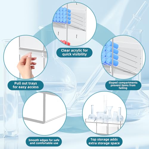 Acrylic Test Tube Rack, Clear Tube Holder Organizer Stand with 9 Compartments, Extra Bottom Storage, and 4 Pull-Out Trays, Wall Mount or Countertop for Lab, Hospital, Office, 16\"H x 12\"W x 5.5\"D - Thumbnail 3
