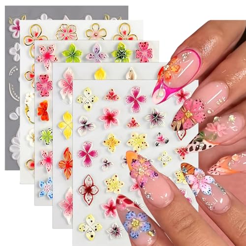 5 Sheets 5D Flower Nail Art Stickers Embossed Lily Hawaiian Floral Nail Decals Self Adhesive Hibiscus Summer Flower Nails Design Supplies Tropical Decor Accessories Pegatinas para Uñas
