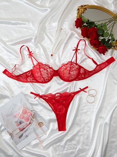 Image of Lilosy Sexy Underwire Cute Push Up Strappy Embroidered Mesh Sheer Lingerie Set See Through Panty Bra