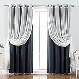 Best Home Fashion uMIXm Tulle Sheer Lace & Blackout 4 Piece Curtain Set - Antique Bronze Grommet Top - Navy - 52' W X 96' L - (Set of 4 Panels)