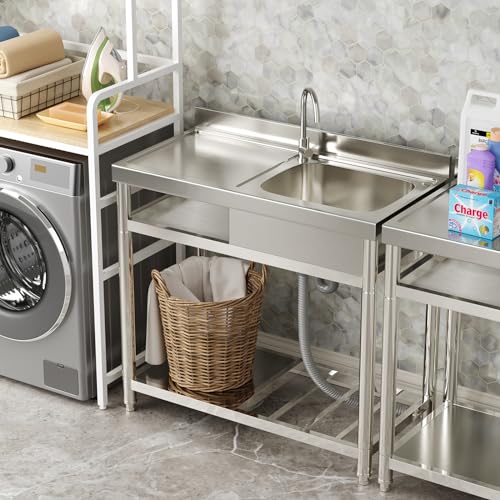 ROOMTEC 304 Stainless Steel Single Bowl Utility Sink Set, Commercial Restaurant Kitchen Sink, Outdoor Sink with Workbench & Storage Shelve with Hot and Cold Water Pipes (39 in(Right bowl))
