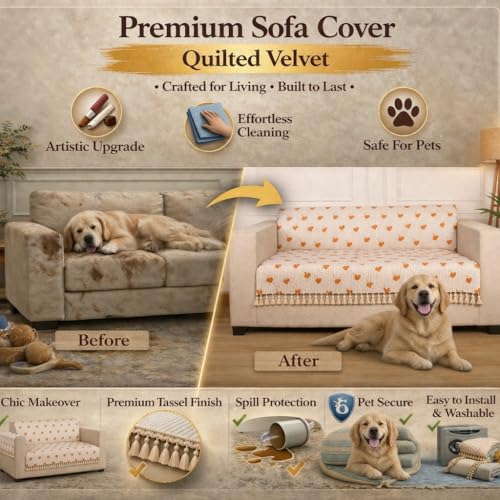 Image of STITCHNEST Quilted Velvet Sofa Cover with Tassels - 24x60 Inch, Orange Floral Print with Stripes, Soft & Elegant, Washable Sofa Protector for 1-Seater