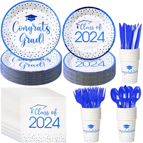 350pcs Class of 2024 Graduation Plates and Napkins Set, Disposable Paper Plate Set Polka Dots Plates Napkins Cups Knife Fork Spoon for Graduation Party Decorations and Supplies,Serve 50 (White Blueï¼‰