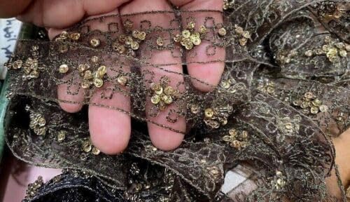 Brown Gold Embroidered Hand Beaded 7/8" Metallic Trim Glass Sequins 1yd Brown Gold Fabric