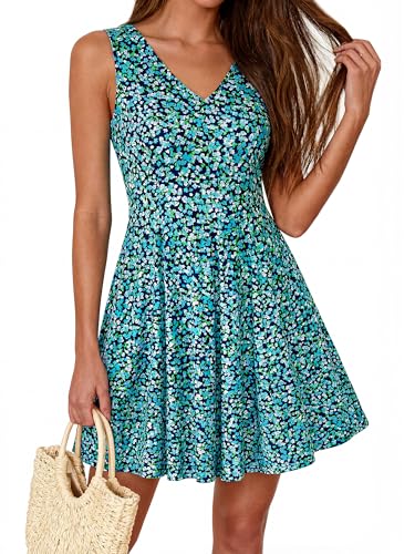BTFBM Womens Summer Dresses 2026 Spring Casual Sleeveless Floral Knit Flowy A-Line Mini Dress Pockets Beach Sundress(Floral Blue Green, Large)