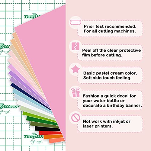 Teckwrap 001 Vinyl Soft Matte Permanent Adhesive Vinyl 12" X 12" 21 Sheets/Pack Assorted Colors For Scrapbooking, Craft Cutters,Sign Plotters #TOP1