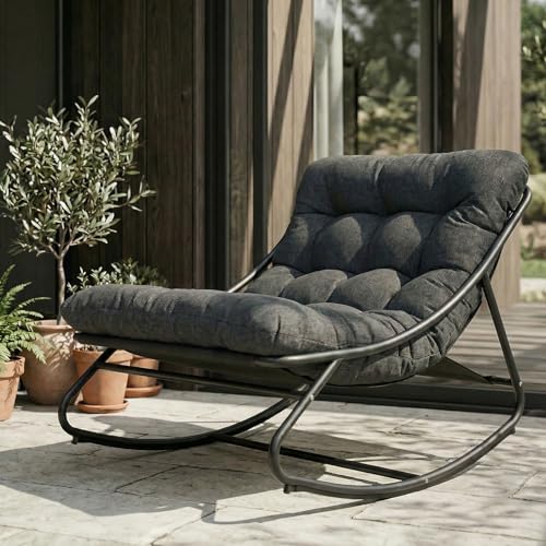 Grand patio schaukelstuhl Outdoor mit Kissen, Schaukelliege Wetterfester Relaxstuhl aus Metall für Garten, Wohnzimmer, Hof, Terrasse und Balkon, bis 150 kg Belastbar - Schwarzgrau
